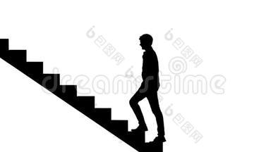 <strong>剪影</strong>男子走<strong>楼</strong>梯白色。 成功的途径循环概念。 职业阶梯。